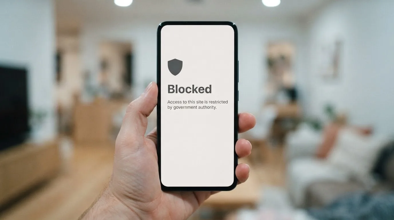 A smartphone screen showing a plain government warning notice about a blocked website, held against a blurred background.