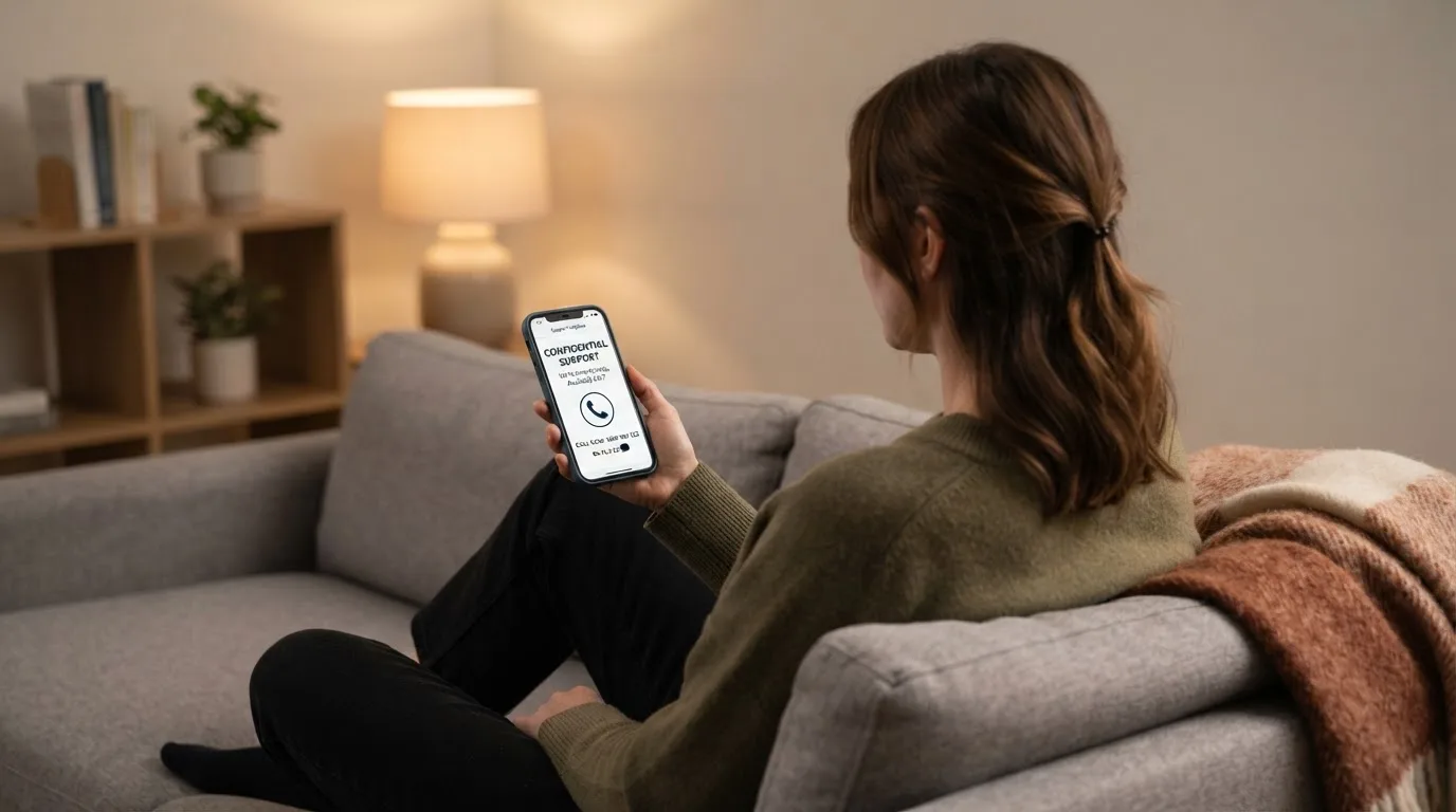 A person sitting calmly with a phone open to a support helpline page, no gaming screen visible.