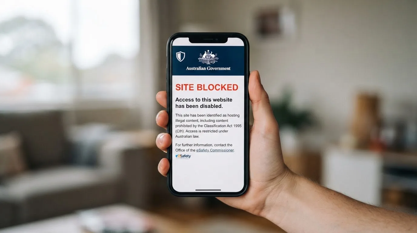 A smartphone screen showing a plain government warning notice about a blocked website, held against a blurred background.