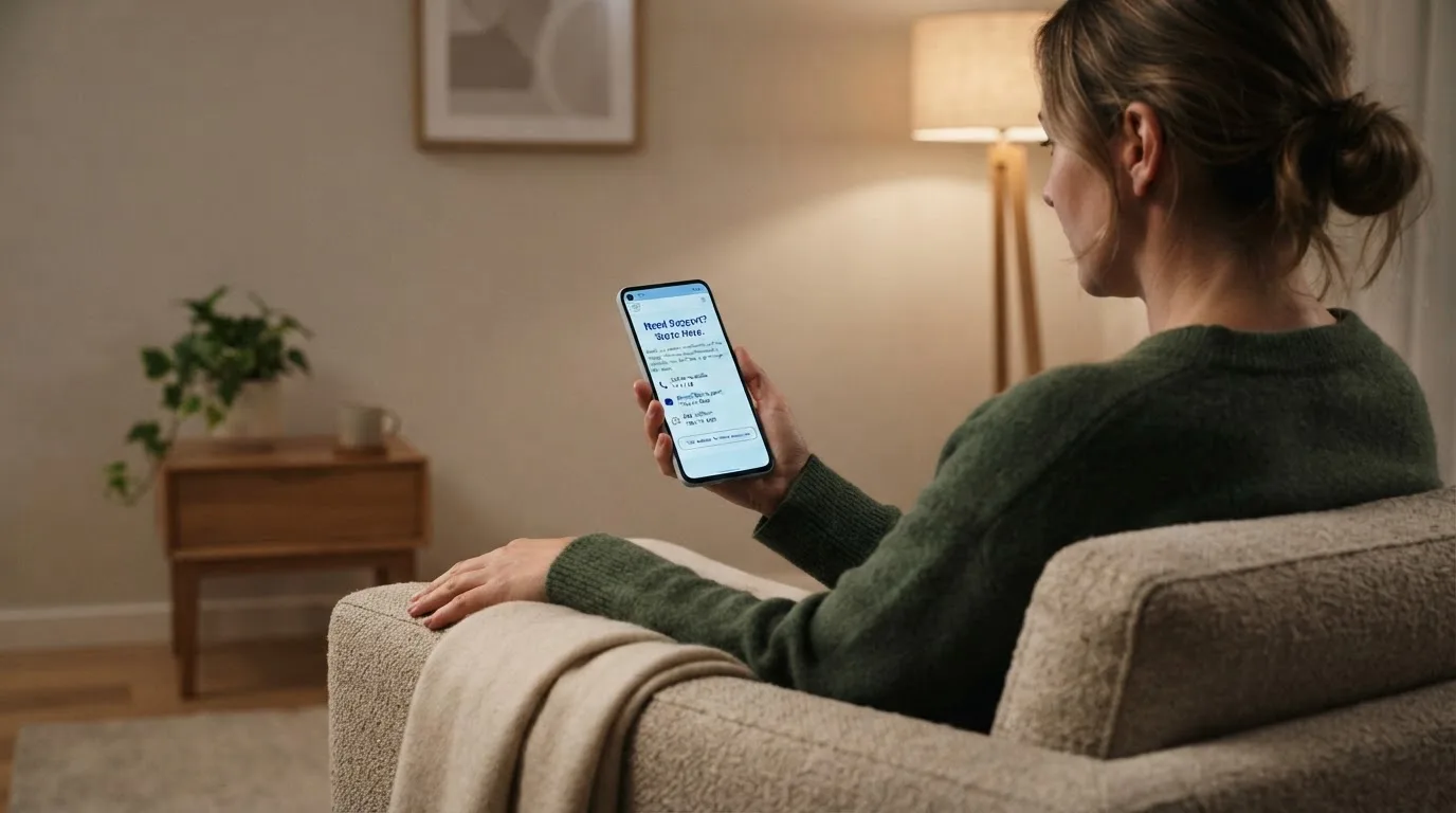 A person sitting calmly with a phone open to a support helpline page, no gaming screen visible.