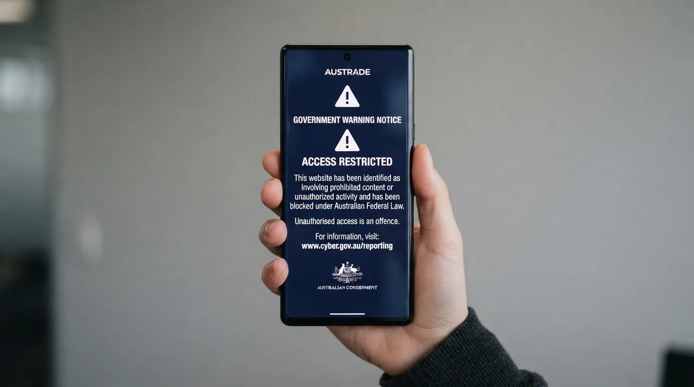 A smartphone screen showing a plain government warning notice about a blocked website, held against a blurred background.