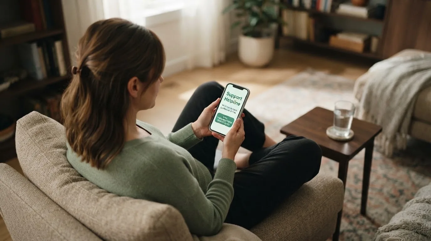 A person sitting calmly with a phone open to a support helpline page, no gaming screen visible.