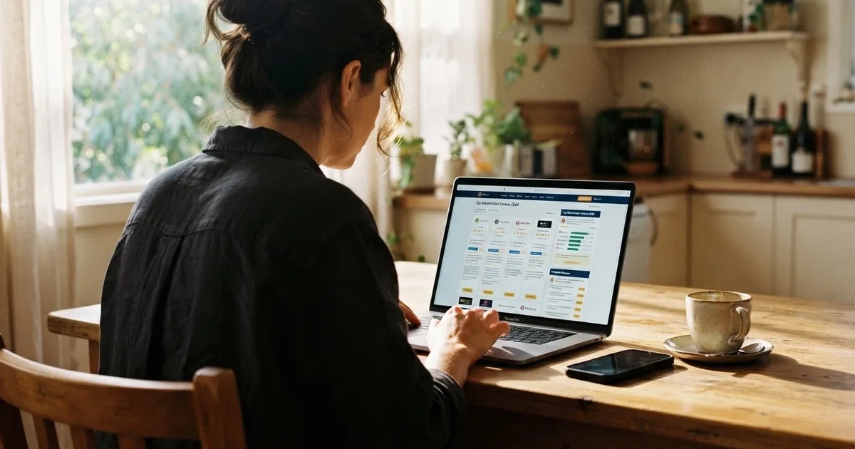 A person at a kitchen table scrolling through review pages on a laptop, phone face-down beside them.