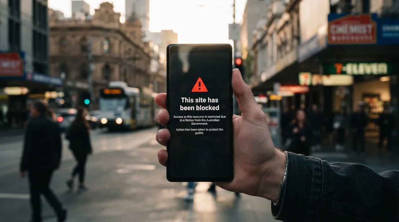 A smartphone screen showing a plain government warning notice about a blocked website, held against a blurred background.