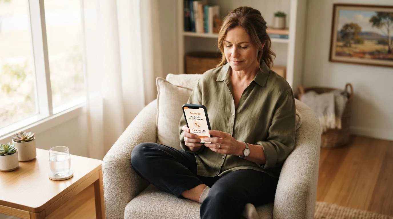 A person sitting calmly with a phone open to a support helpline page, no gaming screen visible.