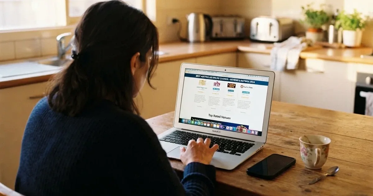 A person at a kitchen table scrolling through review pages on a laptop, phone face-down beside them.
