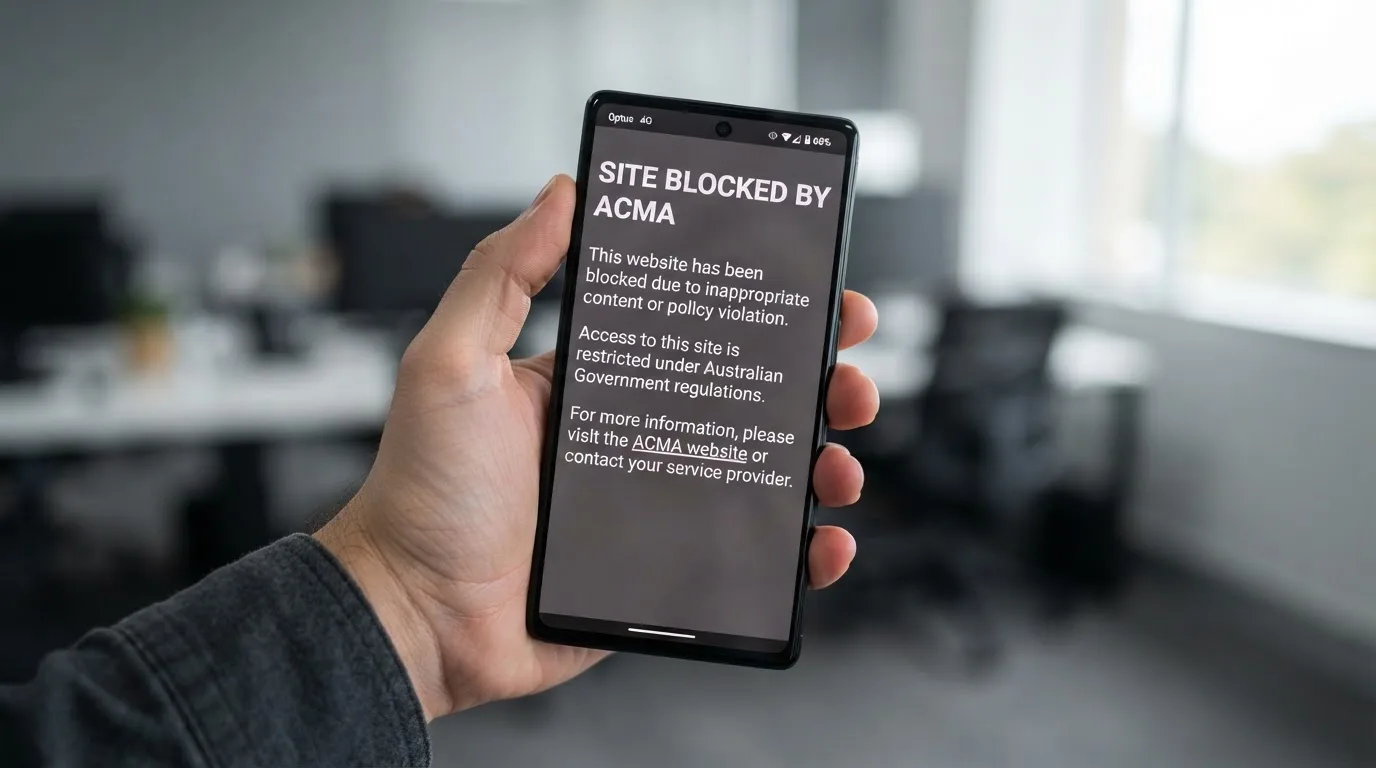 A smartphone screen showing a plain government warning notice about a blocked website, held against a blurred background.