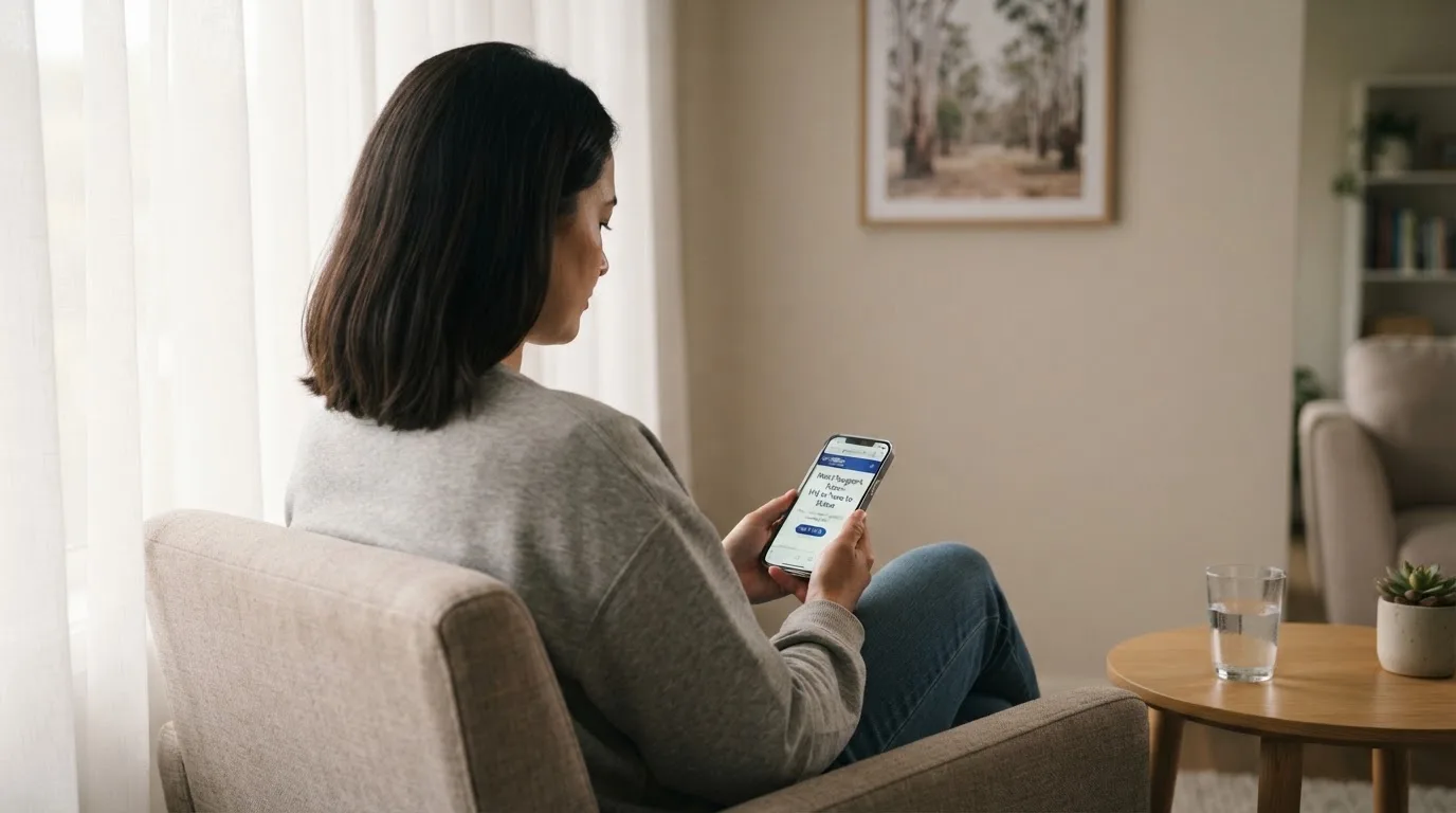 A person sitting calmly with a phone open to a support helpline page, no gaming screen visible.