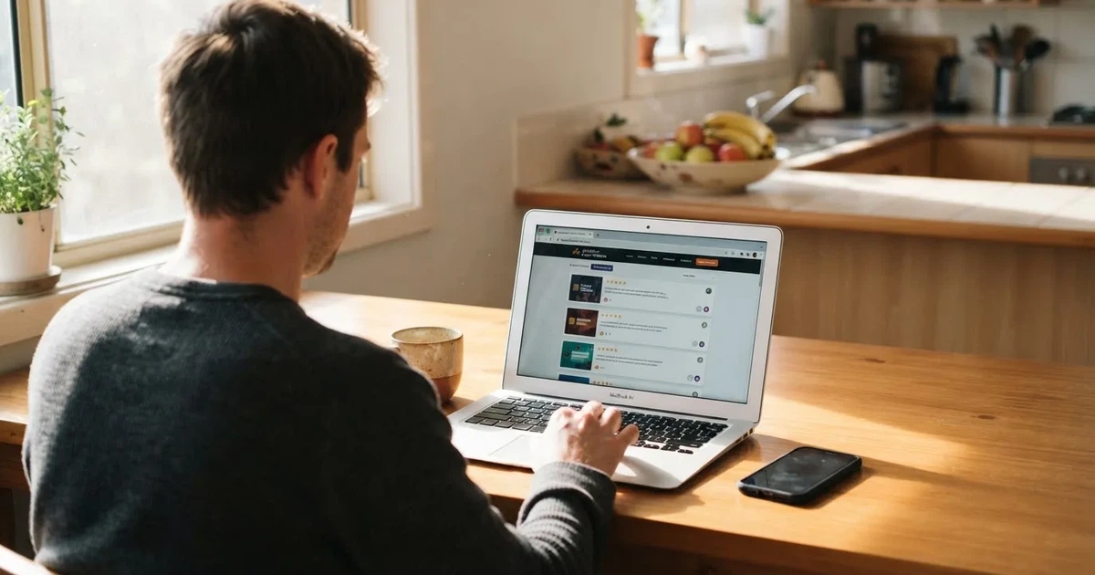 A person at a kitchen table scrolling through review pages on a laptop, phone face-down beside them.