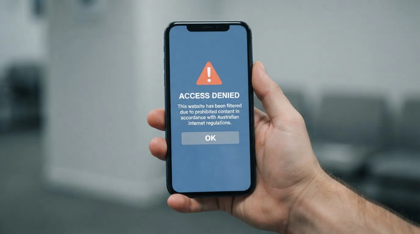 A smartphone screen showing a plain government warning notice about a blocked website, held against a blurred background.