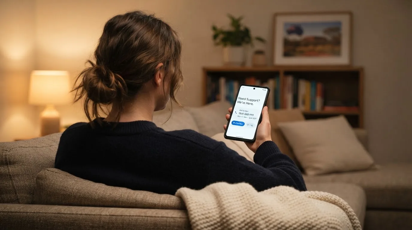 A person sitting calmly with a phone open to a support helpline page, no gaming screen visible.