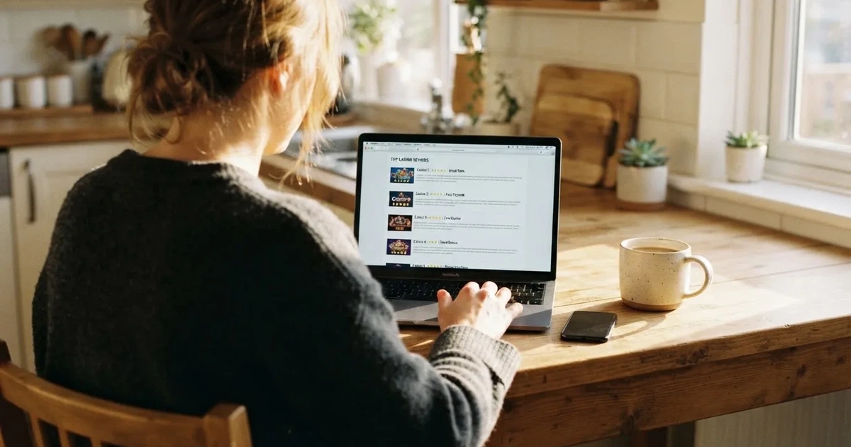 A person at a kitchen table scrolling through review pages on a laptop, phone face-down beside them.
