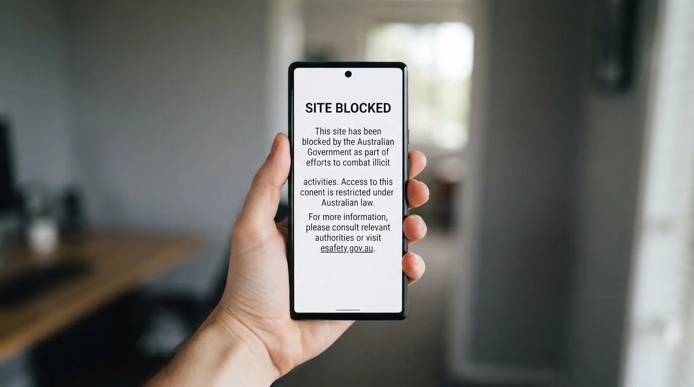 A smartphone screen showing a plain government warning notice about a blocked website, held against a blurred background.