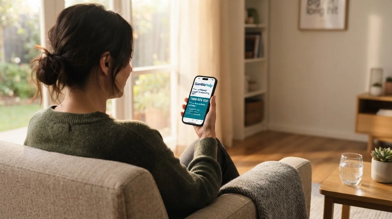 A person sitting calmly with a phone open to a support helpline page, no gaming screen visible.