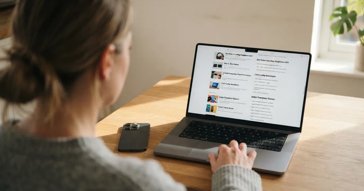 A person at a kitchen table scrolling through review pages on a laptop, phone face-down beside them.
