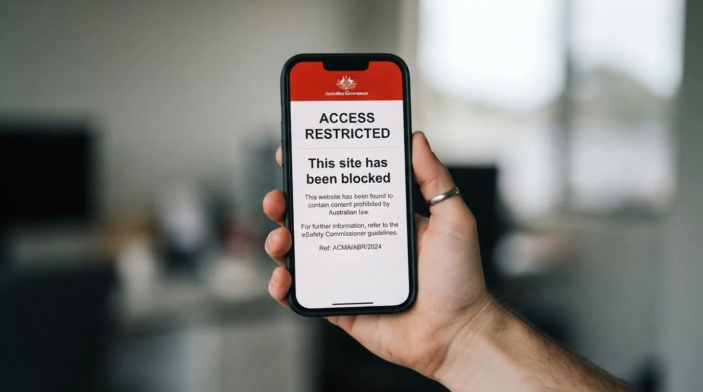 A smartphone screen showing a plain government warning notice about a blocked website, held against a blurred background.