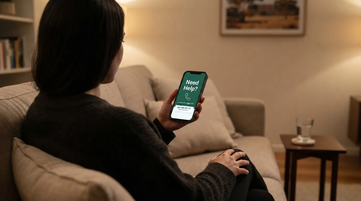A person sitting calmly with a phone open to a support helpline page, no gaming screen visible.