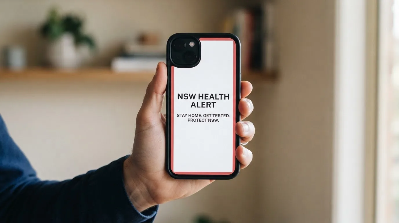 A smartphone screen showing a plain government warning notice about a blocked website, held against a blurred background.
