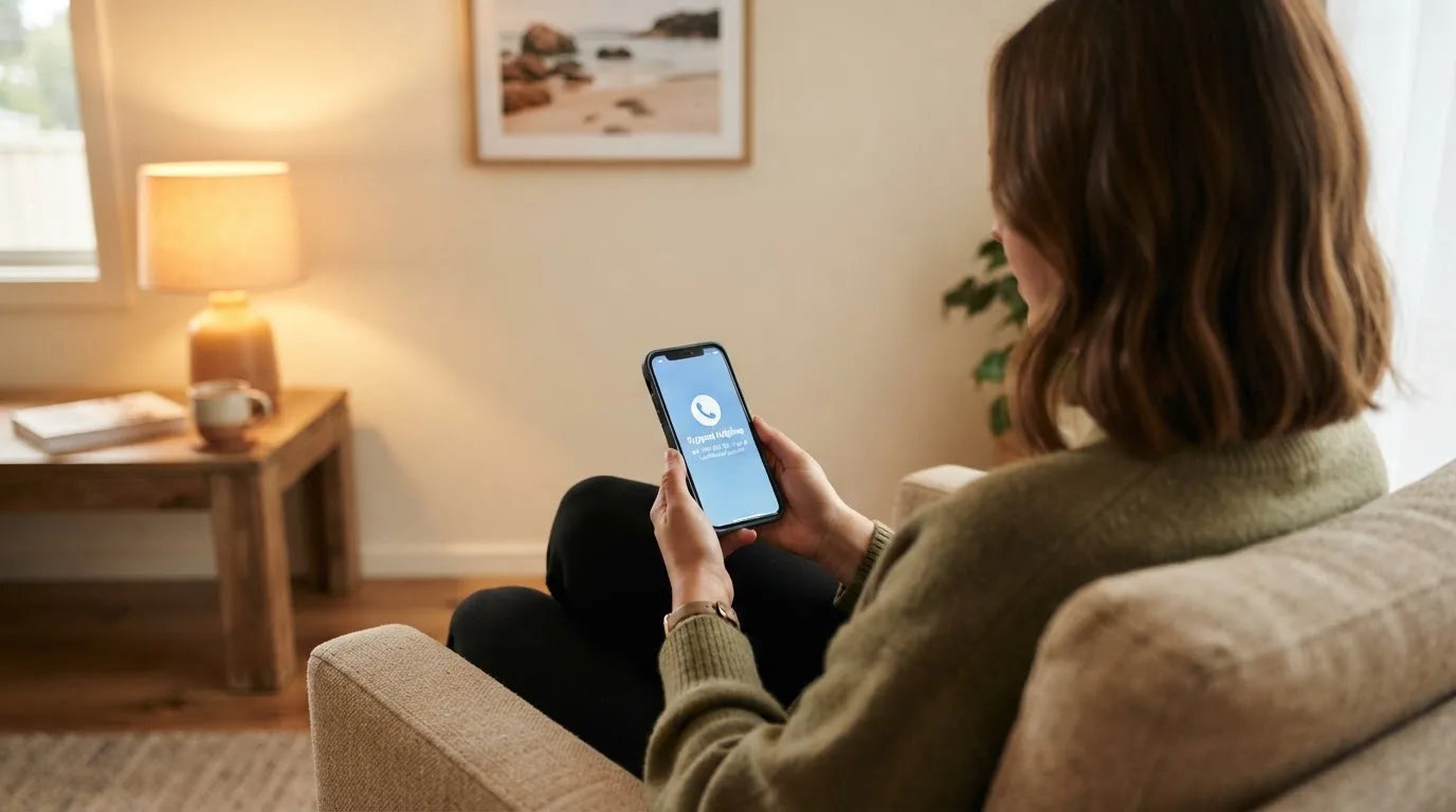A person sitting calmly with a phone open to a support helpline page, no gaming screen visible.