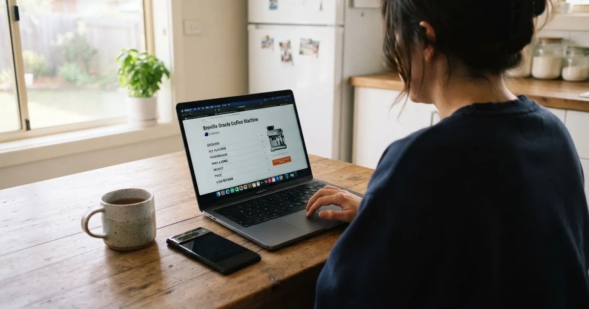 A person at a kitchen table scrolling through review pages on a laptop, phone face-down beside them.