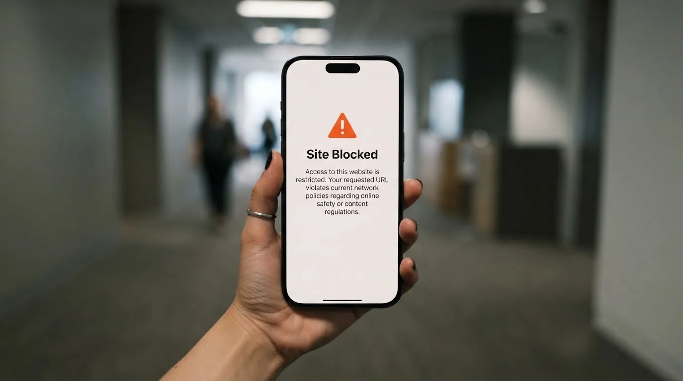 A smartphone screen showing a plain government warning notice about a blocked website, held against a blurred background.