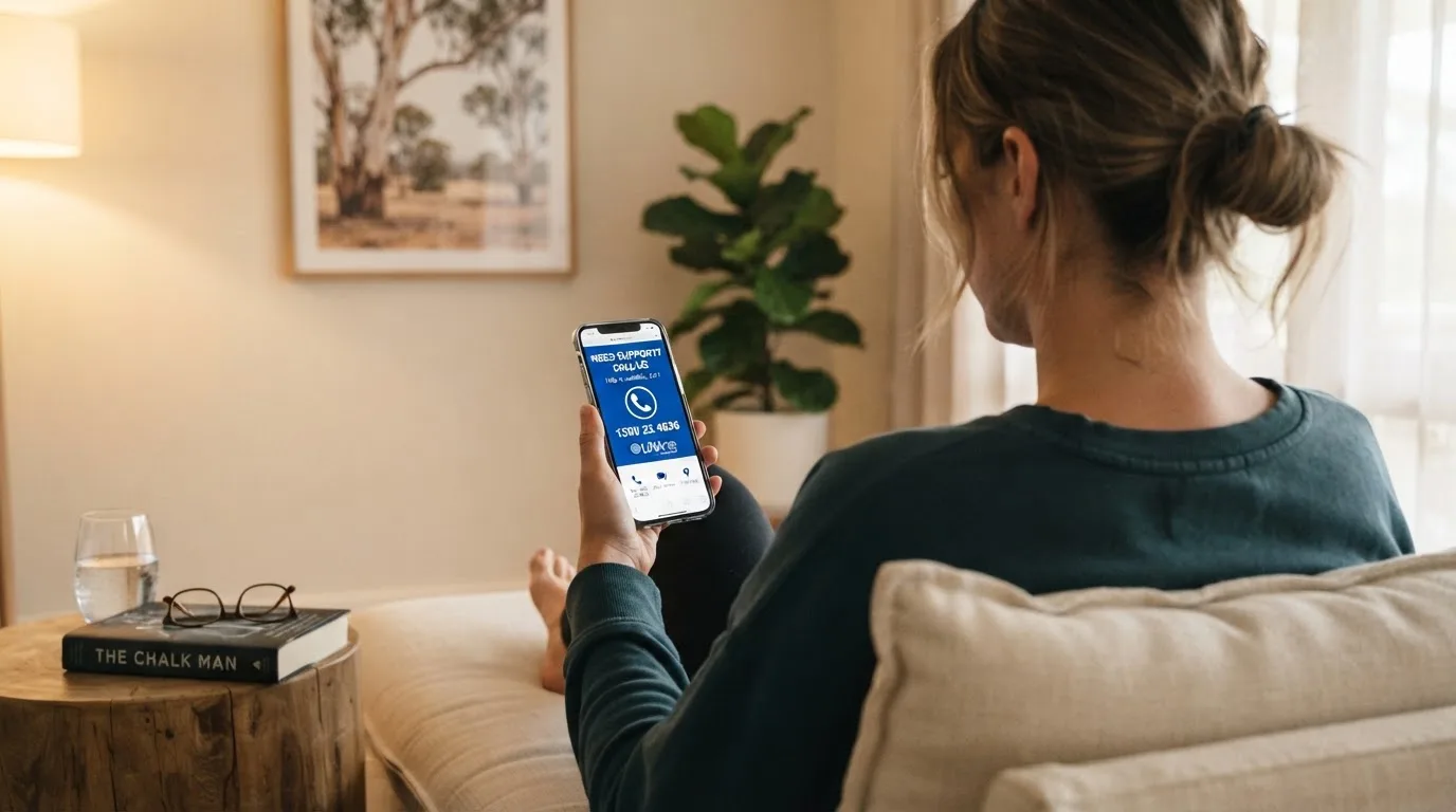 A person sitting calmly with a phone open to a support helpline page, no gaming screen visible.