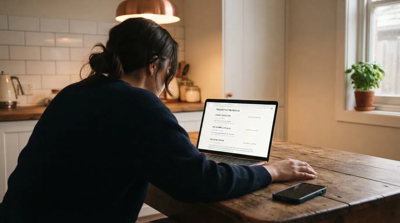 A person at a kitchen table scrolling through review pages on a laptop, phone face-down beside them.