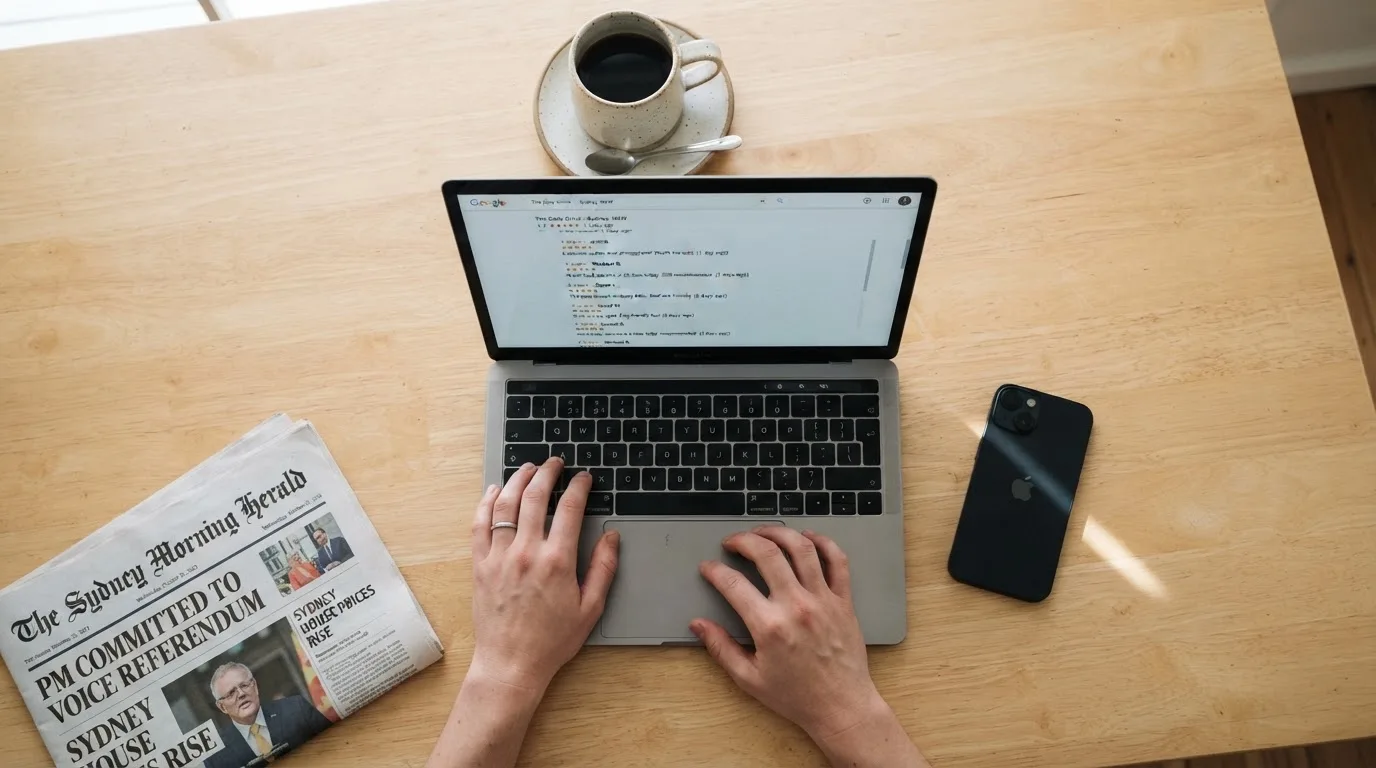 A person at a kitchen table scrolling through review pages on a laptop, phone face-down beside them.