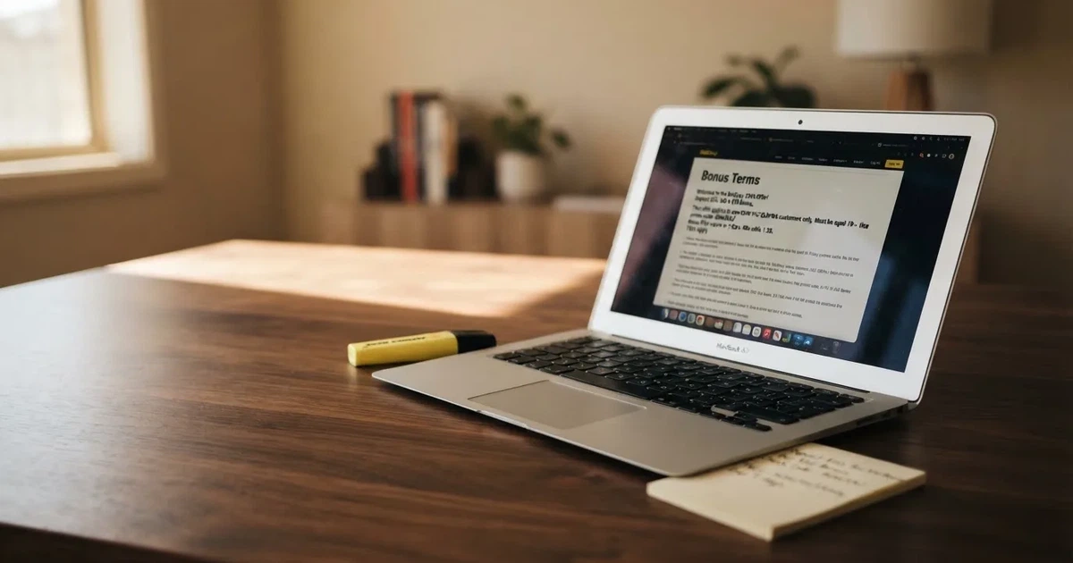 A laptop screen showing a page of terms and conditions text with a highlighter resting nearby.