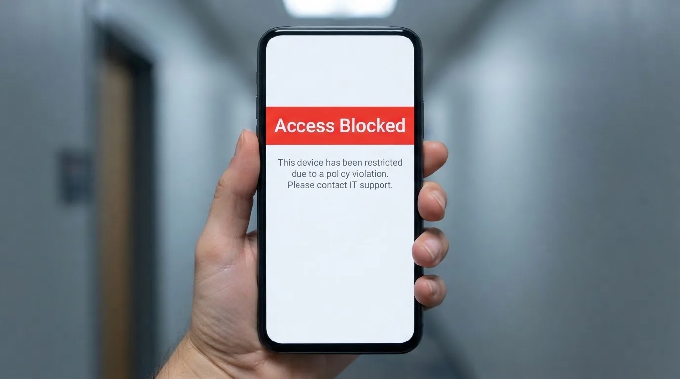 A smartphone screen showing a plain government warning notice about a blocked website, held against a blurred background.
