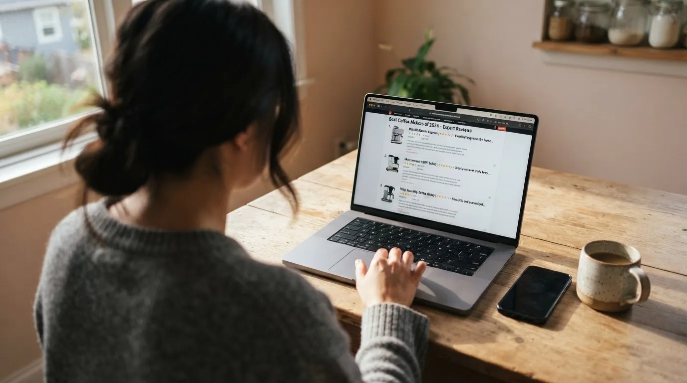 A person at a kitchen table scrolling through review pages on a laptop, phone face-down beside them.