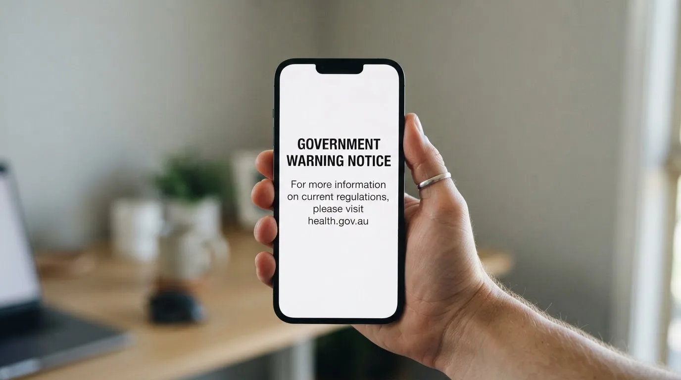 A smartphone screen showing a plain government warning notice about a blocked website, held against a blurred background.