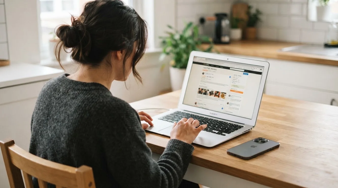 A person at a kitchen table scrolling through review pages on a laptop, phone face-down beside them.