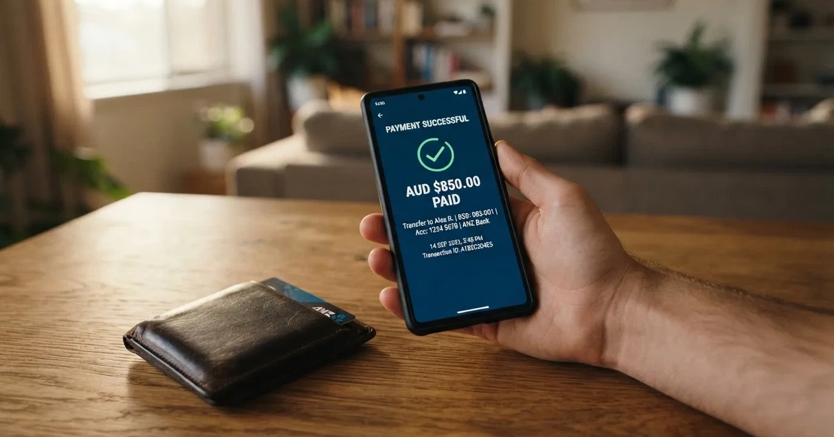 A phone screen showing a bank transfer confirmation, held next to a wallet on a table.