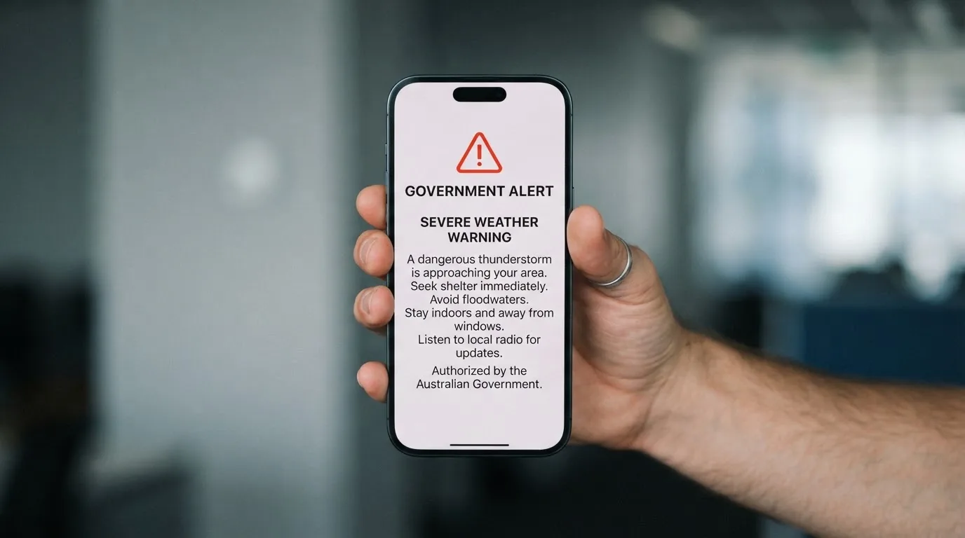 A smartphone screen showing a plain government warning notice about a blocked website, held against a blurred background.