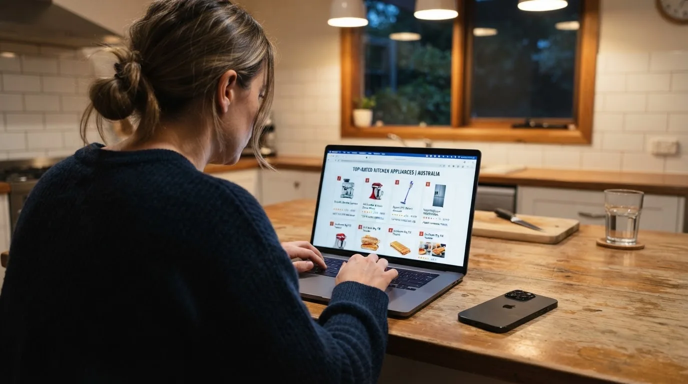 A person at a kitchen table scrolling through review pages on a laptop, phone face-down beside them.