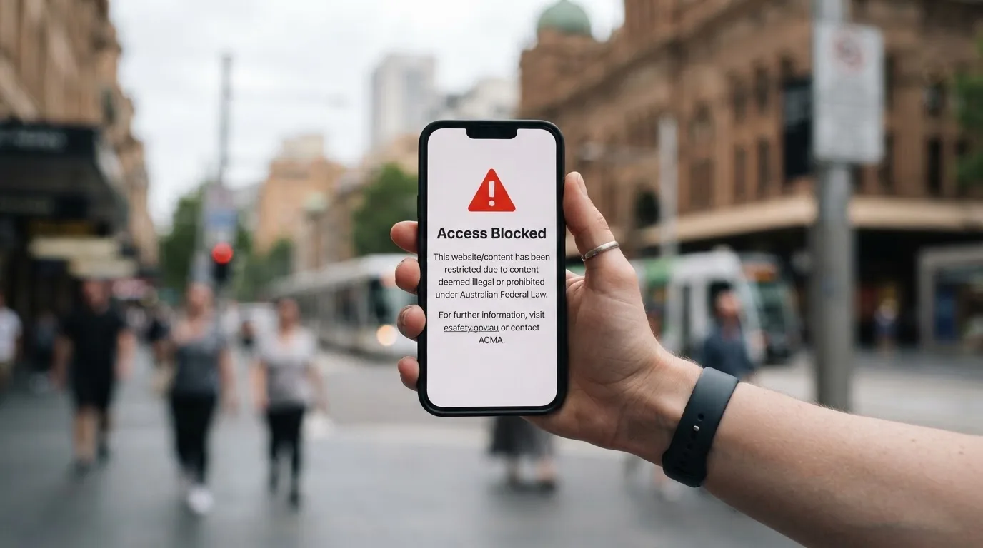 A smartphone screen showing a plain government warning notice about a blocked website, held against a blurred background.