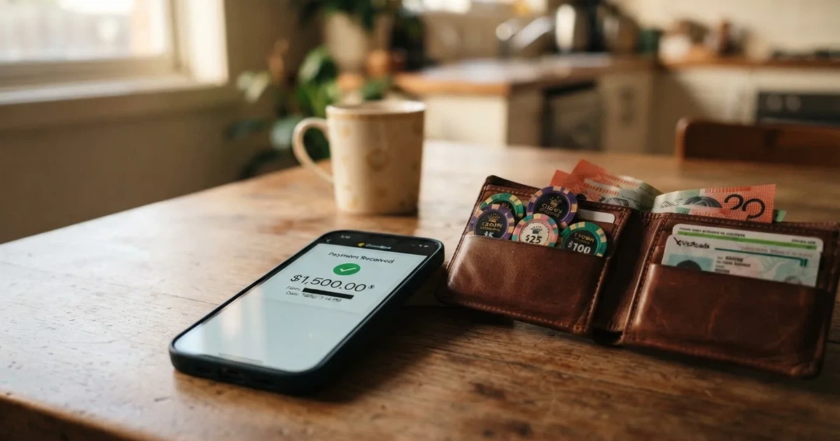 A phone screen showing a bank transfer confirmation, held next to a wallet on a table.