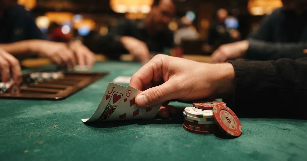 A close-up of a green felt gaming table with cards and chips mid-hand.