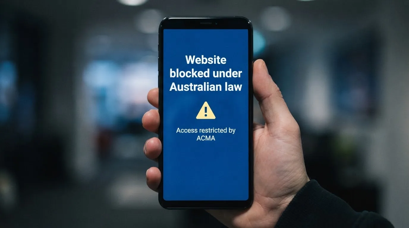 A smartphone screen showing a plain government warning notice about a blocked website, held against a blurred background.