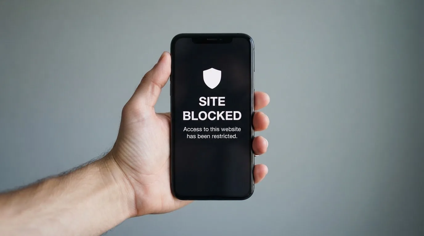A smartphone screen showing a plain government warning notice about a blocked website, held against a blurred background.