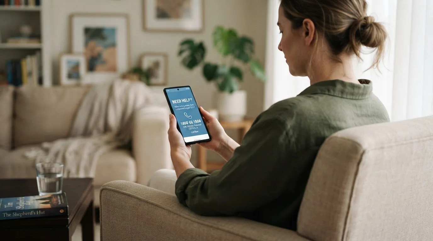 A person sitting calmly with a phone open to a support helpline page, no gaming screen visible.