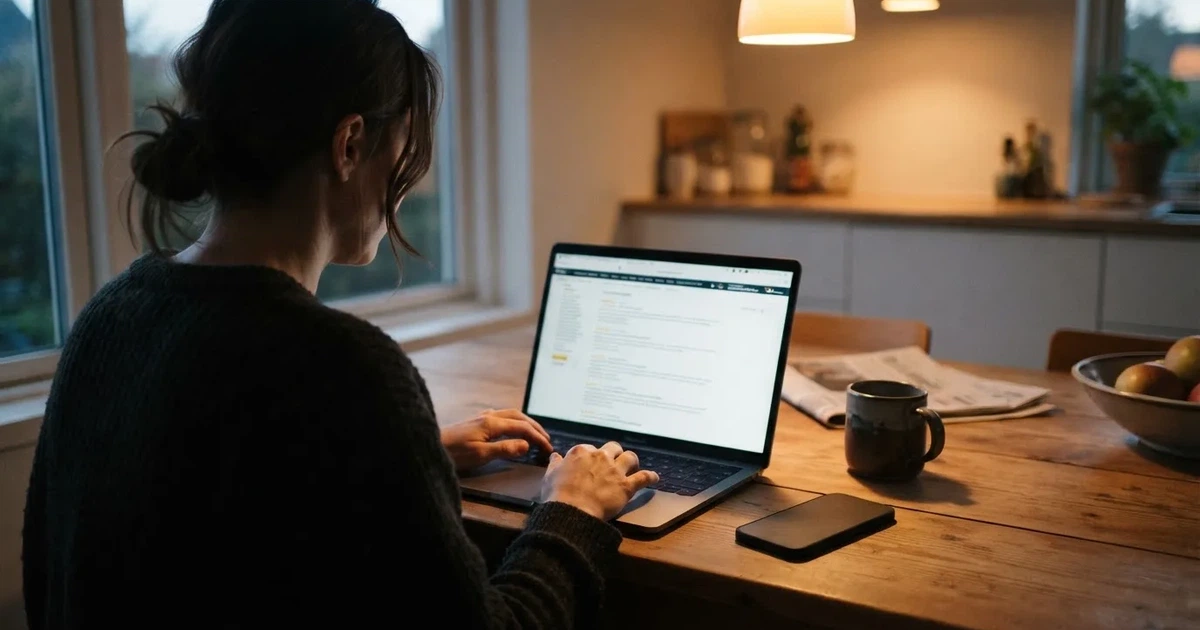 A person at a kitchen table scrolling through review pages on a laptop, phone face-down beside them.