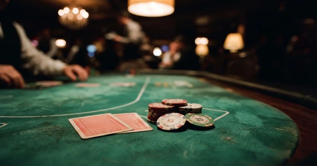 A close-up of a green felt gaming table with cards and chips mid-hand.