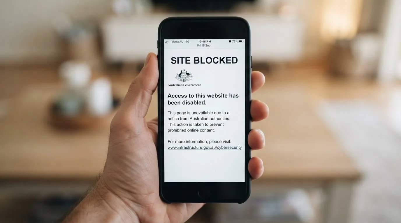A smartphone screen showing a plain government warning notice about a blocked website, held against a blurred background.