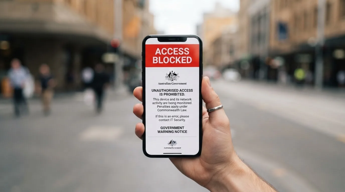 A smartphone screen showing a plain government warning notice about a blocked website, held against a blurred background.