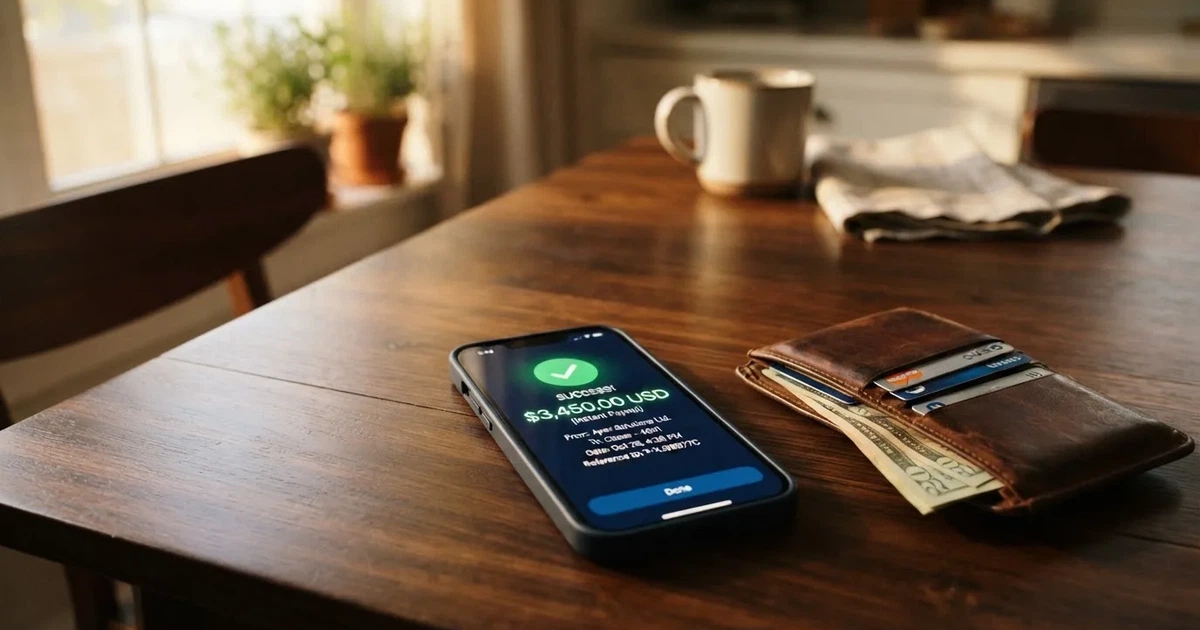 A phone screen showing a bank transfer confirmation, held next to a wallet on a table.