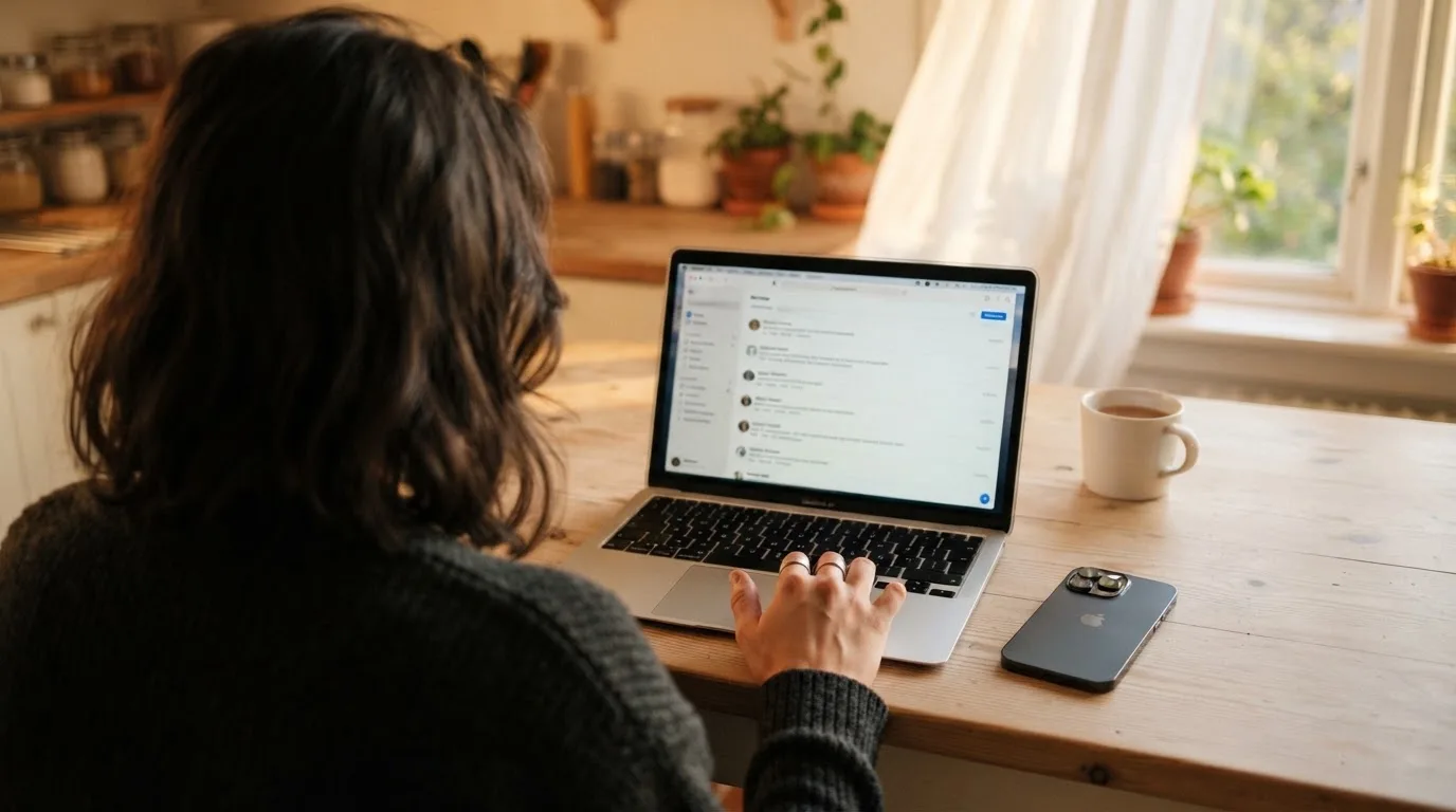 A person at a kitchen table scrolling through review pages on a laptop, phone face-down beside them.