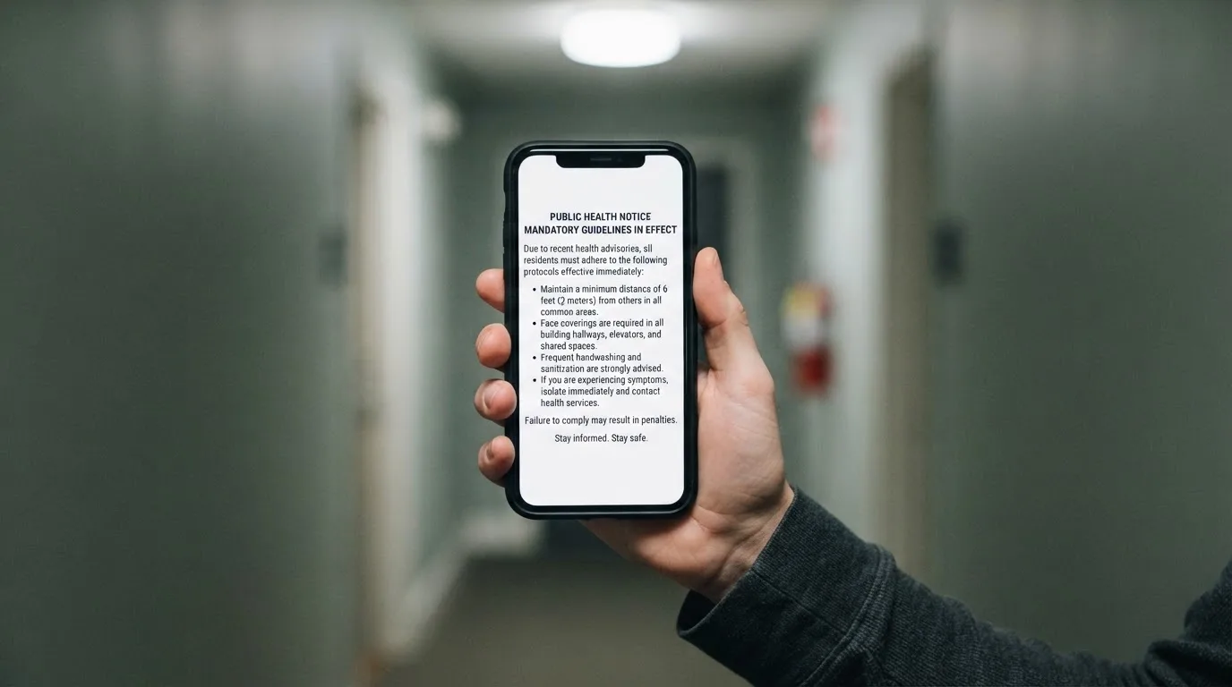 A smartphone screen showing a plain government warning notice about a blocked website, held against a blurred background.
