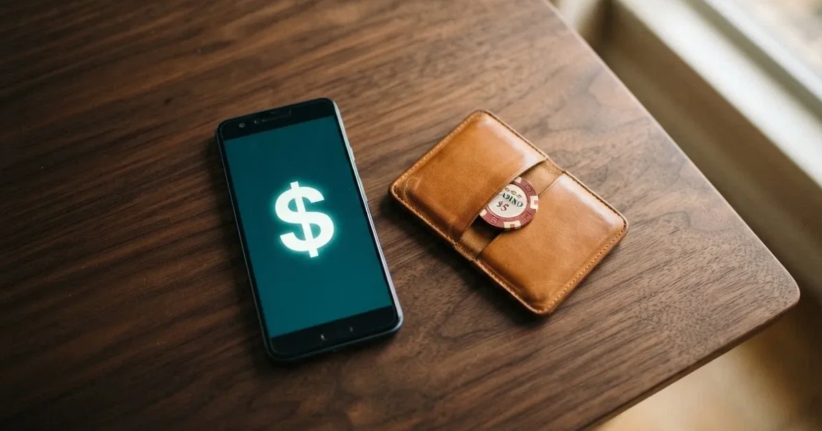 A phone screen showing a bank transfer confirmation, held next to a wallet on a table.